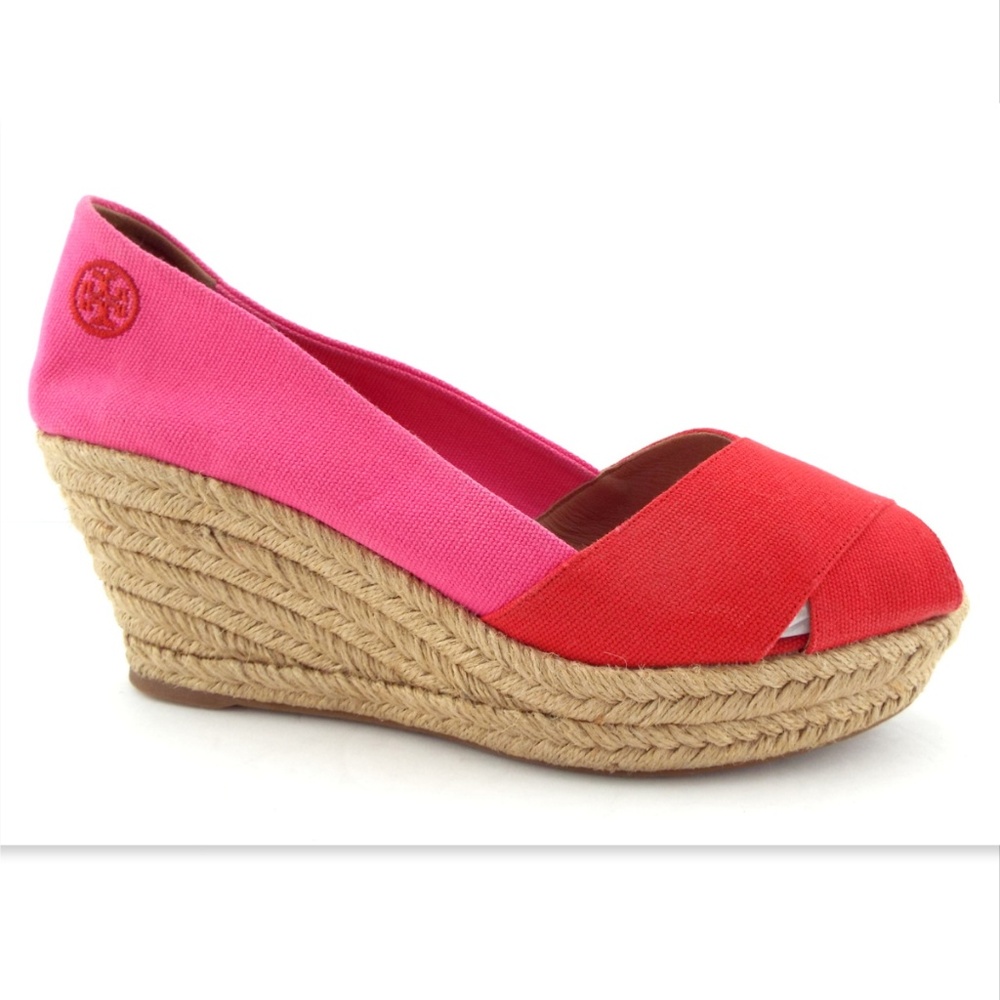 TORY BURCH Red & Pink Canvas Espadrille Wedges 11 - Picture 2 of 8